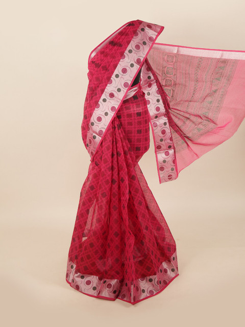 

Pothys Pink & Silver-Toned Zari Printed Saree