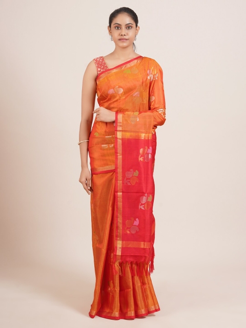 

Pothys Orange & Gold-Toned Batik Pure Silk Uppada Saree