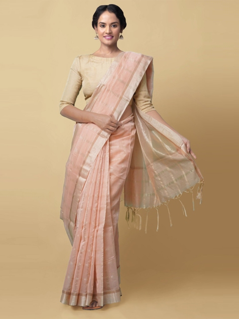 

Unnati Silks Pink & Golden Checked Zari Silk Cotton Banarasi Handloom Saree