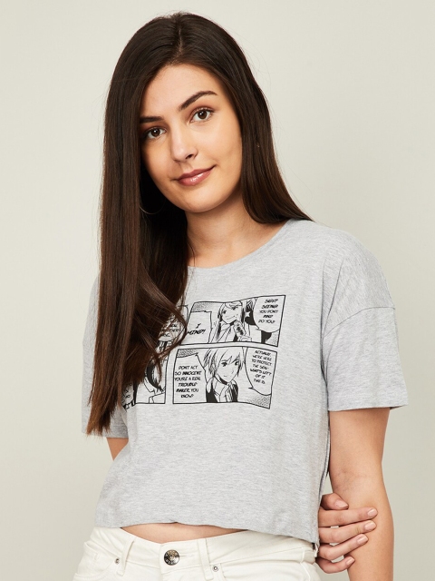 

Ginger by Lifestyle Women Grey Melange Printed Extended Sleeves T-shirt