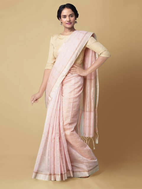 

Unnati Silks Pink & Golden Checked Zari Silk Cotton Banarasi Handloom Saree