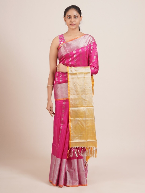 

Pothys Pink & Yellow Woven Design Zari Pure Silk Uppada Saree