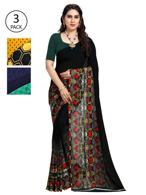 

KALINI Pack of 3 Printed Sarees, Black