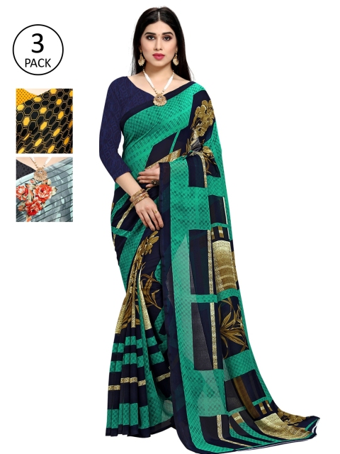 

KALINI Women Pack of 3 Printed Poly Georgette Sarees, Yellow