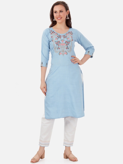 

Kiana Women Blue & White Embroidered Sequinned Kurta with Trousers
