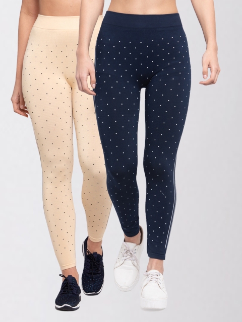 

KLOTTHE Women Pack Of 2 Printed Skinny-Fit Jeggings, Navy blue