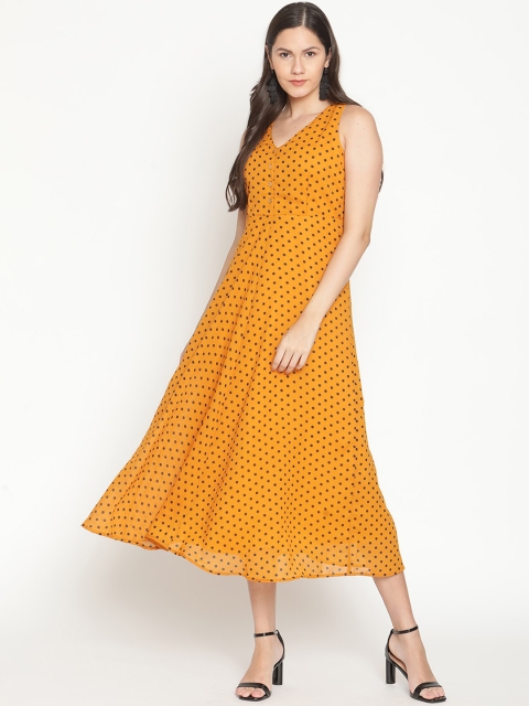 

THREAD MUSTER Women Mustard Yellow Polka Dot Georgette A-Line Maxi Dress