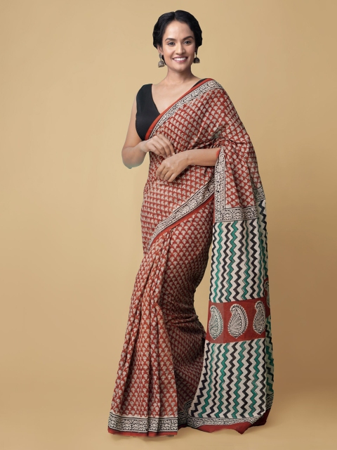 

Unnati Silks Women Red & White Pure Bagru Printed Kota Cotton Sustainable Saree
