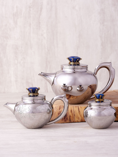 

ARTTDINOX Steel & Blue Textured Stainless Steel Matte Kettle Set of Cups and Mugs