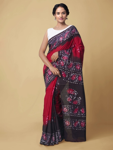 

Unnati Silks Maroon & Black Batik Dyed Block Print Handloom Silk Blend Saree