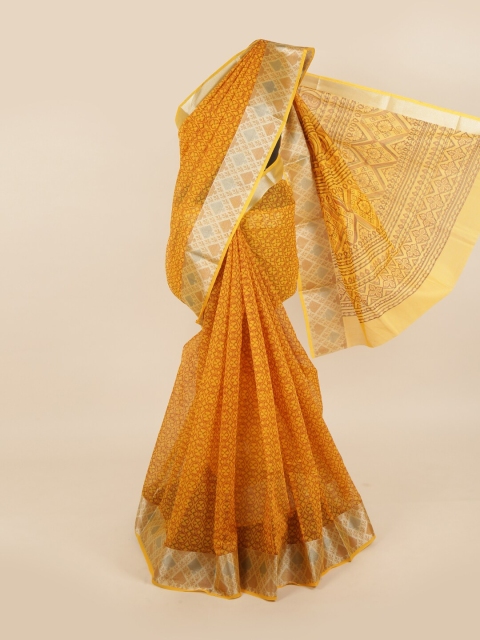 

Pothys Yellow & Silver-Toned Floral Zari Saree