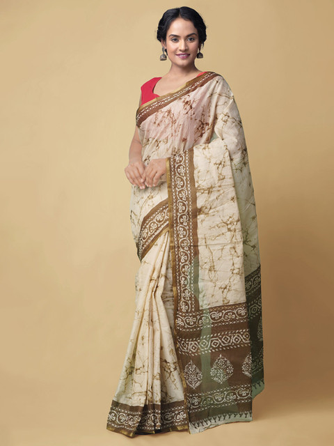 

Unnati Silks Cream-Coloured & Brown Pure Cotton Block Print Saree