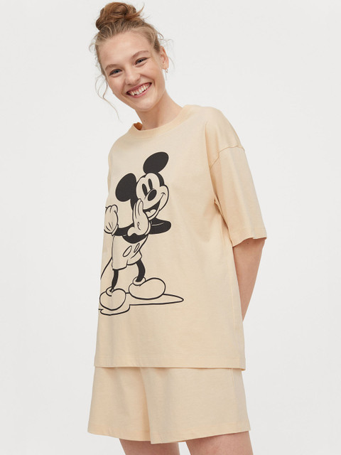 

H&M Women Beige & Black Mickey Mouse Cotton Jersey Pyjamas