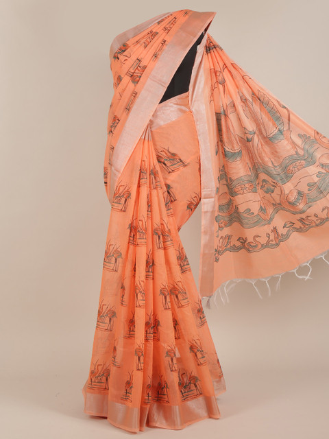 

Pothys Orange & Green Ethnic Motifs Cotton Blend Saree