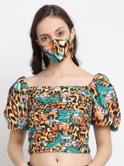 

DIVA WALK EXCLUSIVE Brown Floral Off-Shoulder Puff Sleeve Bardot Crop Top