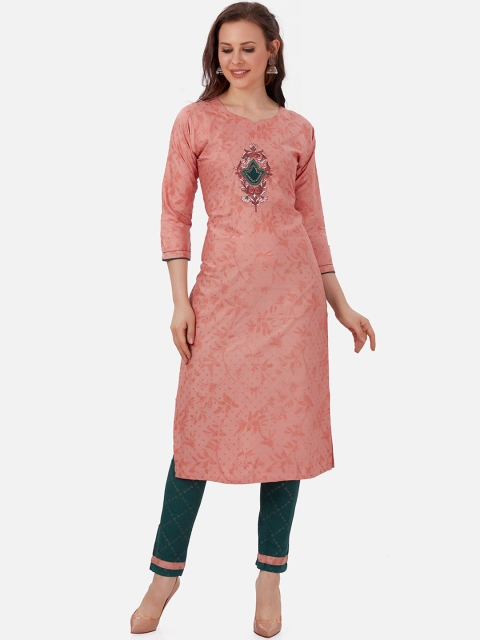 

Kiana Women Peach-Coloured & Green Floral Printed Thread Work Kurta with Trousers