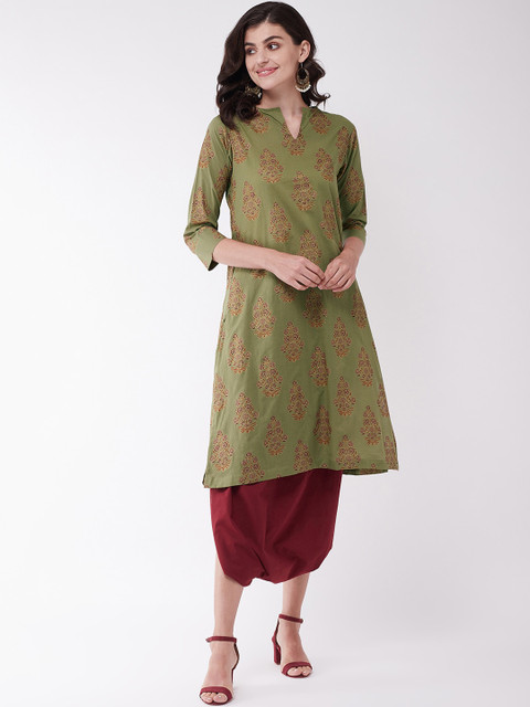 

InWeave Women Olive Green & Maroon Pure Cotton Kurta with Dhoti Pants