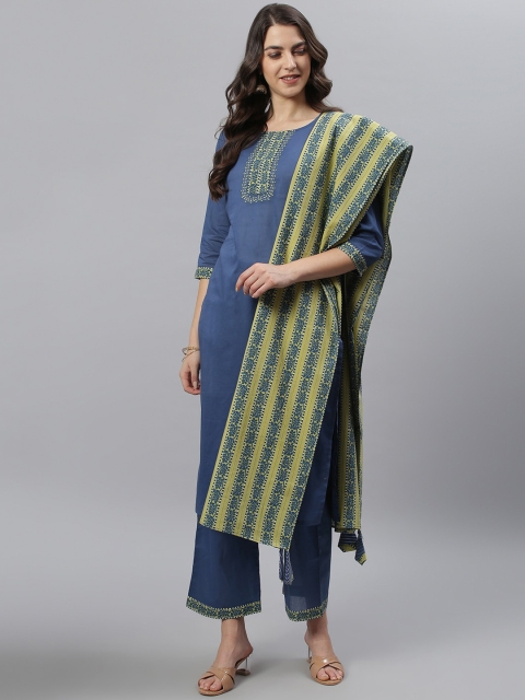 

Azira Women Blue & Green Yoke Design Pure Cotton Kurta with Trousers & With Dupatta