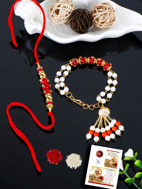 

PASSION PETALS Gold & Red Bracelet Bhaiya Bhabhi Rakhi Set With Card And Roli Chawal