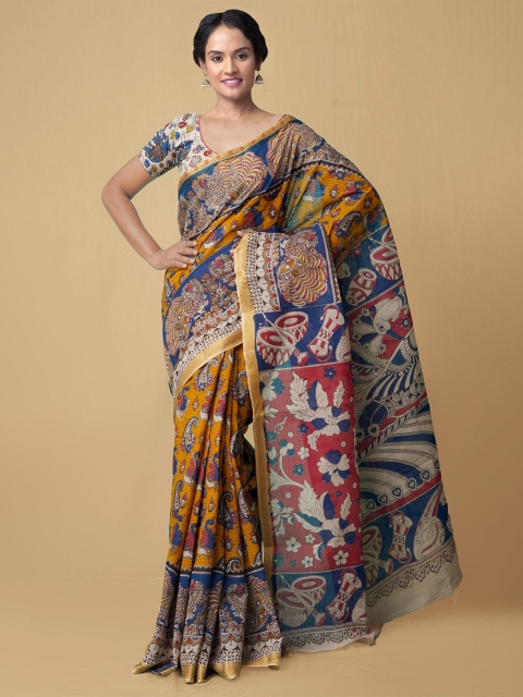 

Unnati Silks Orange & Blue Kalamkari Pure Cotton Kanjeevaram Saree