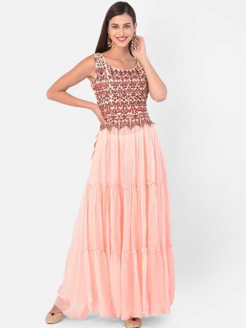 

Neerus Women Peach-Coloured Ethnic Motifs Embroidered Tiered Kurti with Skirt
