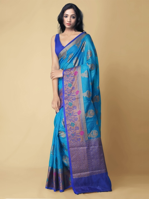 

Unnati Silks Blue & Gold-Toned Floral Zari Silk Cotton Banarasi Handloom Sustainable Saree