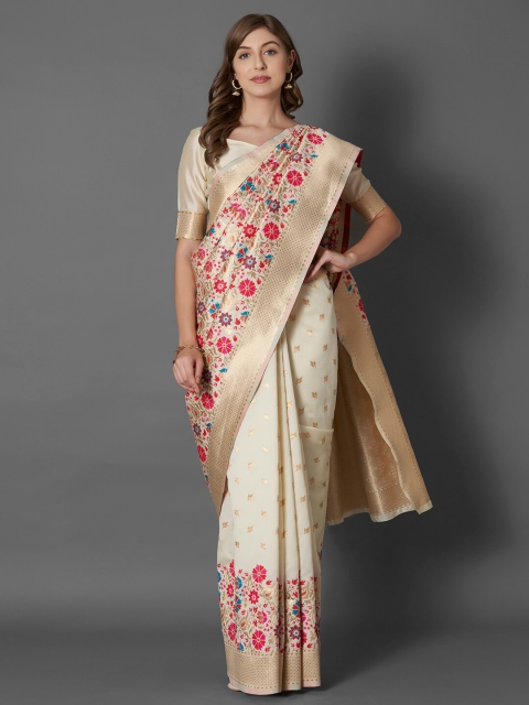 

Mitera Off White & Red Woven Design Zari Detail Banarasi Saree