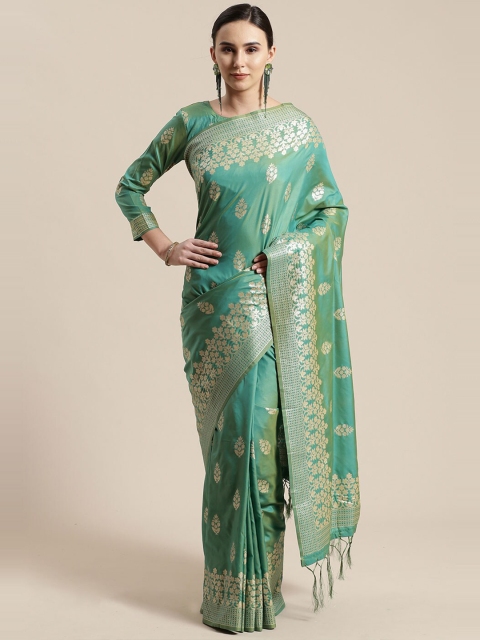 Saree mall Sea Green & Gold-Toned Woven Design Zari Silk Blend Sarees