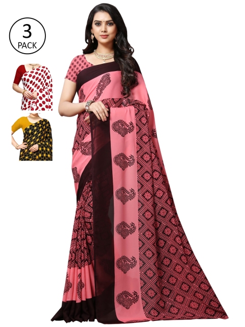 

KALINI Women Pack of 3 Printed Poly Georgette Sarees, Yellow
