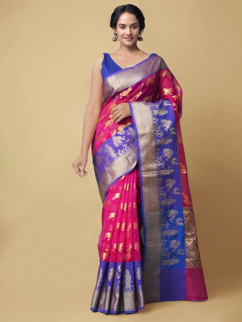 

Unnati Silks Pink & Blue Ethnic Motifs Zari Silk Cotton Banarasi Saree