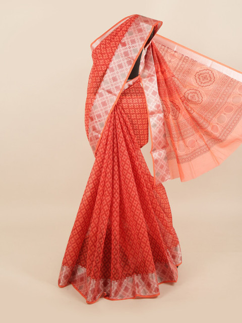 

Pothys Orange & Silver-Toned Printed Saree
