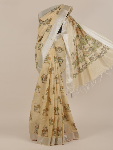 

Pothys Cream & Green Cotton Blend Saree