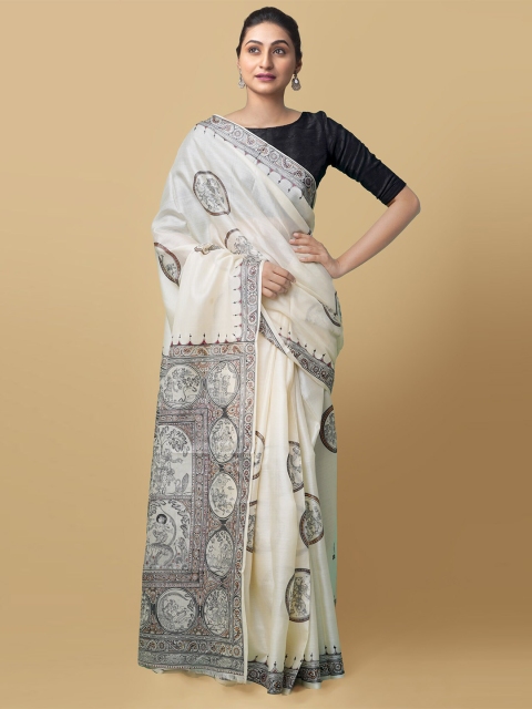 

Unnati Silks Cream & Grey Warli Pure Silk Tussar Handloom Saree