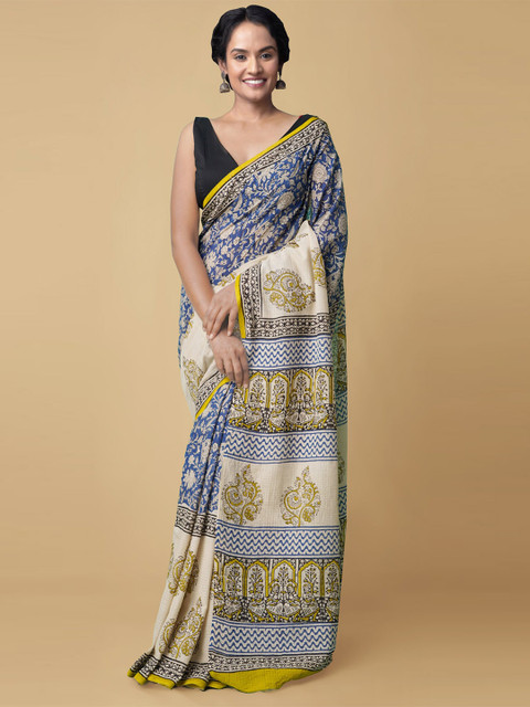 

Unnati Silks Women White & Blue Pure Bagru Printed Kota Cotton Sustainable Saree