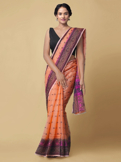 

Unnati Silks Orange & Purple Woven Design Silk Cotton Kota Saree