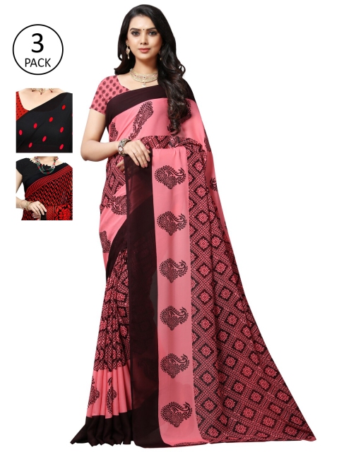 

KALINI Women Pack of 3 Printed Poly Georgette Sarees, Pink