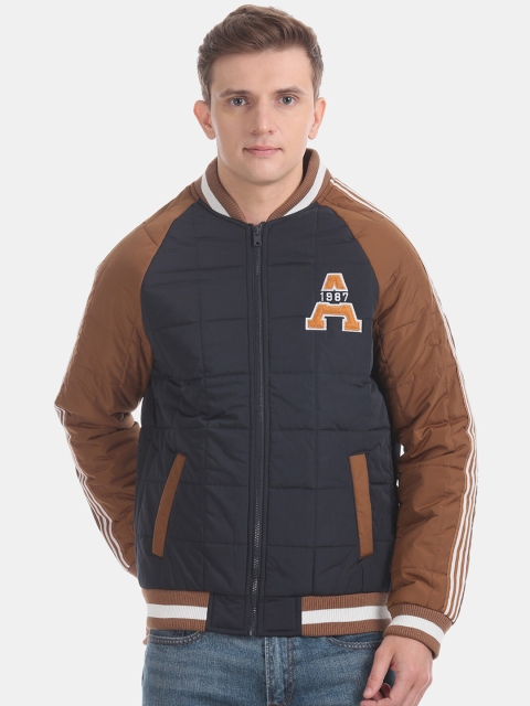 

Aeropostale Men Blue Brown Bomber with Patchwork Jacket