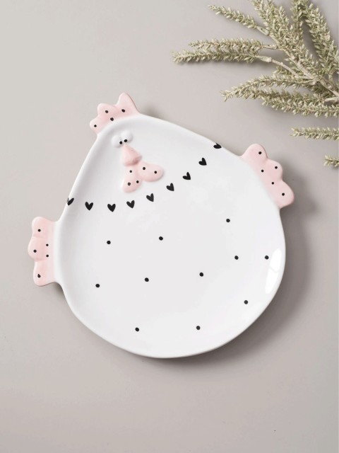 

THEDECORKART White & Pink Printed Ceremic Rooster Platter With Spoon Rest