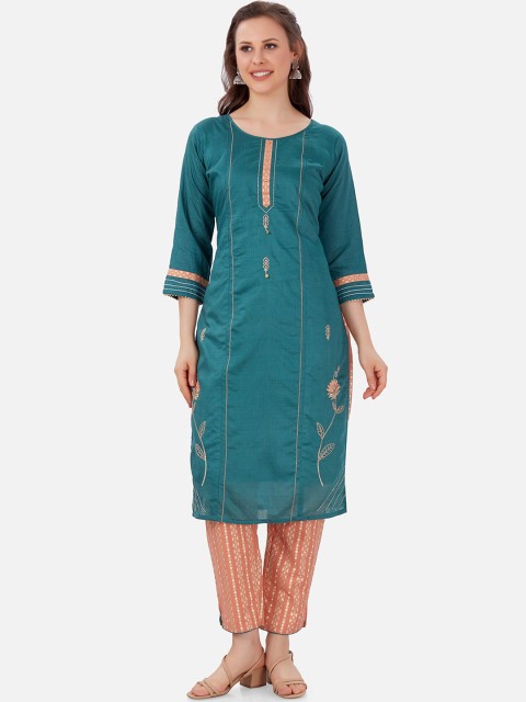 

Kiana Women Teal Green Ethnic Motifs Embroidered Kurta with Trousers