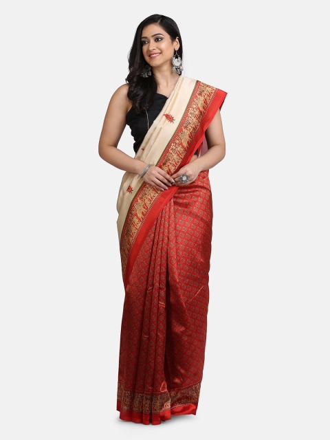 

Mirraw Red & Cream-Coloured Ethnic Motifs Art Silk Saree