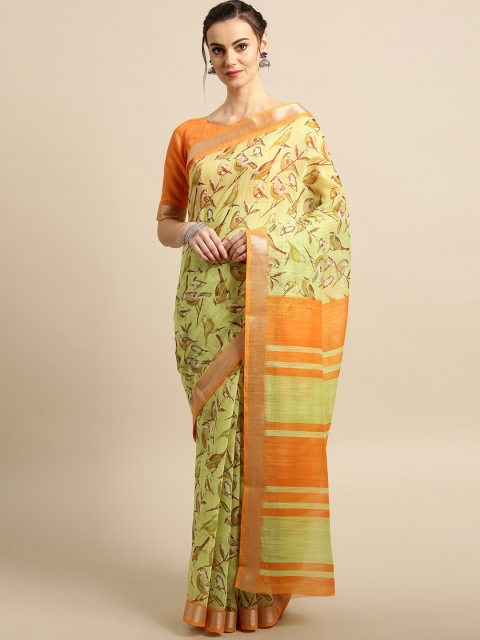 

Saree mall Green & Orange Floral Zari Linen Blend Sarees