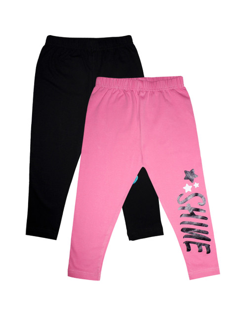 

KiddoPanti Girls Pack Of 2 Black & Pink Printed Three-Fourth Length Capri Leggings