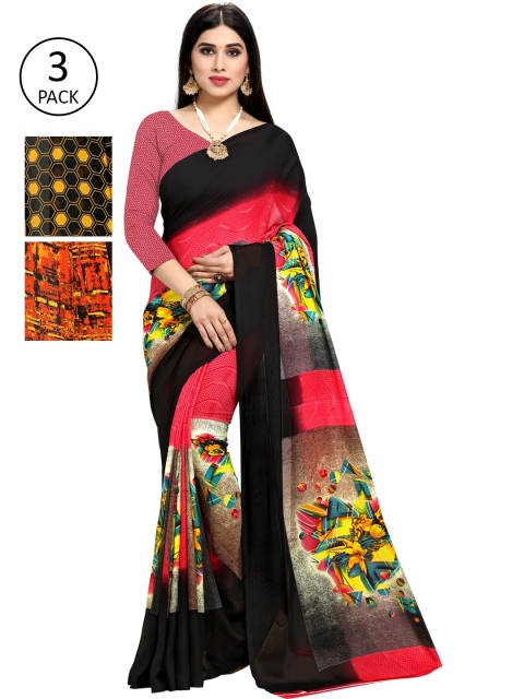

KALINI Pack of 3 Poly Georgette Sarees, Yellow