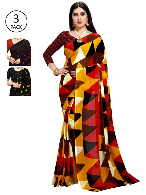 

KALINI Pack of 3 Yellow & Red Saree