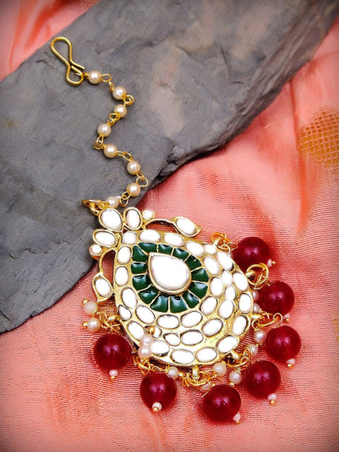 

Crunchy Fashion Gold-Plated White & Green Kundan-Studded Beaded Meenakari Maang Tikka