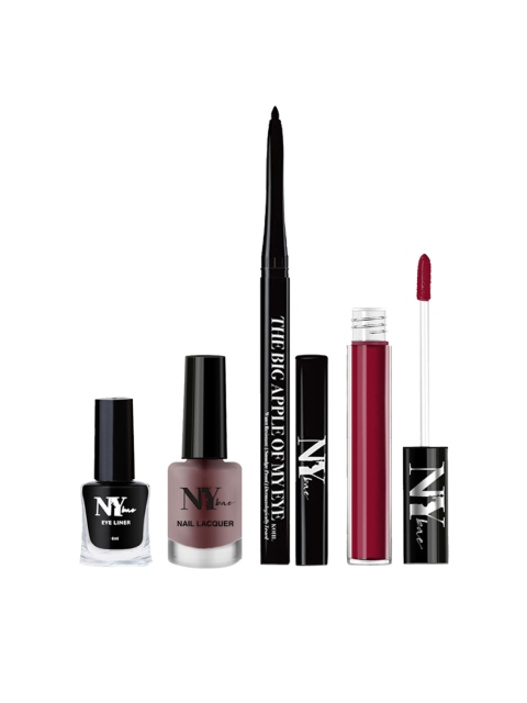 

NY Bae Makeup Combo-Maroon Liquid Lipstick, Black Kajal & Liquid Eyeliner, Red Nail Polish, Multi