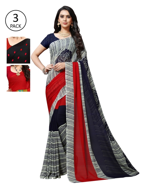 

KALINI Pack of 3 Poly Georgette Printed Sarees, Grey