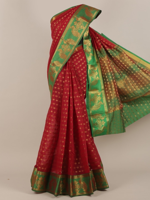 

Pothys Maroon & Green Ethnic Motifs Zari Cotton Blend Saree