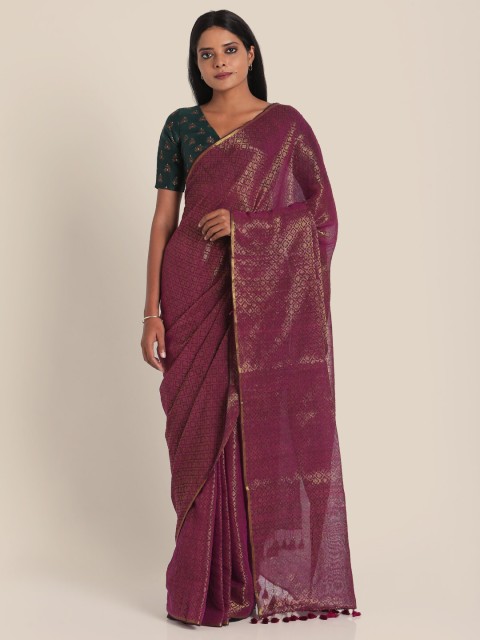 

Suta Maroon & Gold Ethnic Motifs Pure Cotton Saree With Tasseled Pallu