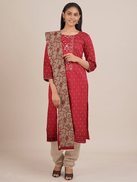 

Pothys Maroon & Brown Printed Unstitched Dress Material